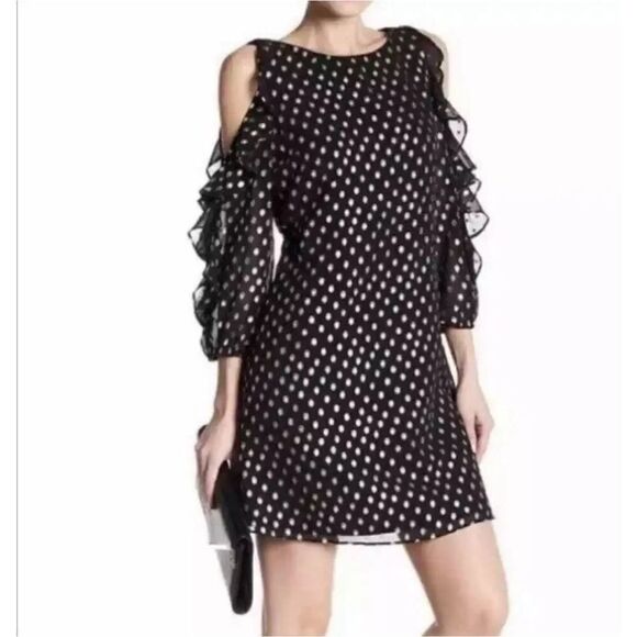 Eliza J Elegant Black Gold Polka Dot Cold Shoulder Ruffle Dress size 10 - Picture 1 of 11